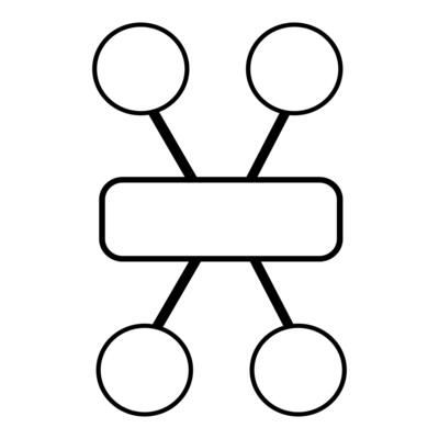 Abstract illustration of a minimalistic network structure with four nodes connected to a central rectangular element, featuring bold black lines on a white background.