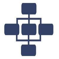 Abstract illustration of a network connection, featuring a central square with four connected rectangular nodes, rendered in a minimalist style with a dark blue color palette. vector