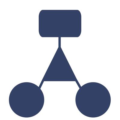 Abstract illustration of a hierarchical structure represented by interconnected geometric shapes a rectangle, a triangle, and two circles, rendered in a muted navy blue color palette.