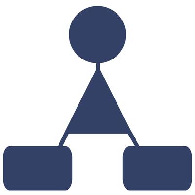 Abstract illustration of a hierarchical structure represented by a circle on top of a triangle, connected to two rounded rectangles below, symbolizing a simple organizational chart or decisi...