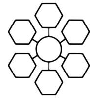 Abstract illustration of a central circle connected to six hexagons, creating a unique geometric snowflakelike design with bold black lines on a white background. vector