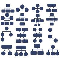 A set of sixteen unique hierarchy chart icons, featuring a combination of circles and rectangles in a darkblue shade, offering diverse organizational structures for visual representation. vector