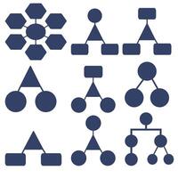 Collection of organizational chart diagrams, featuring various shapes including hexagons, circles, triangles, and rectangles, in a dark blue color scheme. vector