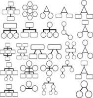 Collection of diverse organizational charts, including hierarchical, radial, and hybrid structures, featuring both rectangular and circular nodes, perfect for presentations and reports. vector