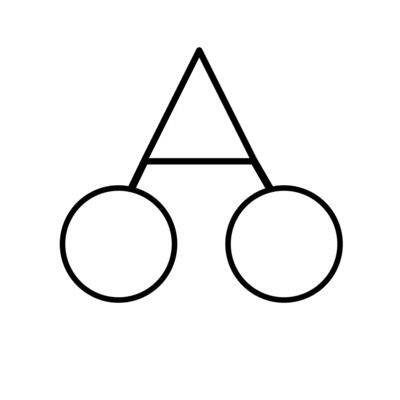 Abstract illustration of two circles connected by a triangle, representing a minimalist geometric concept with bold lines and a clean design.