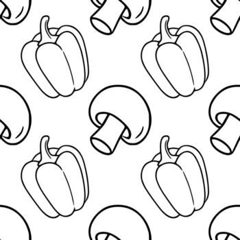 Seamless outline pattern featuring handdrawn illustrations of bell peppers and mushrooms, creating a minimalist monochrome design ideal for kitchenthemed projects. vector