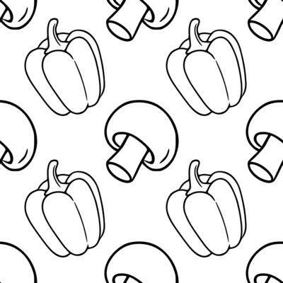 Seamless outline pattern featuring handdrawn illustrations of bell peppers and mushrooms, creating a minimalist monochrome design ideal for kitchenthemed projects.