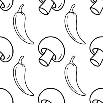 Seamless outline pattern with handdrawn outline illustrations of mushrooms and chili peppers, creating a minimalist monochrome design ideal for culinary or kitchenthemed projects. vector