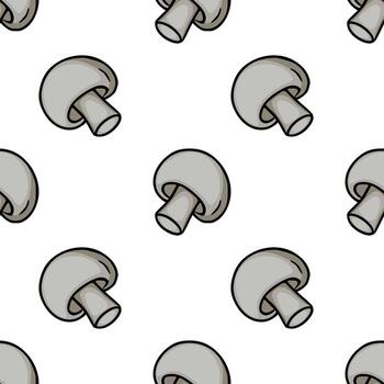 Seamless pattern of handdrawn grey mushrooms with black outlines, arranged in a scattered, repeating design on a white background, ideal for kitchenthemed projects or culinary branding. vector