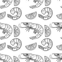 Seamless outline pattern of handdrawn shrimps and lemon slices, a stylish black and white illustration perfect for culinary designs and food packaging. vector