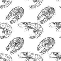 Seamless outline pattern of handdrawn shrimps and salmon steaks, a stylish black and white illustration perfect for seafood restaurant menus or culinary designs. vector