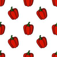 Seamless pattern of handdrawn red bell peppers on a white background, featuring a vibrant cartoon style with bold outlines and rich color saturation. vector