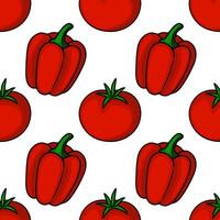 Seamless pattern of red bell peppers and tomatoes, vibrant illustration with bold outlines on a white background, perfect for kitchen designs or foodrelated projects. vector