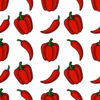 Seamless pattern of handdrawn red bell peppers and chili peppers, vibrant and playful design for food packaging or culinary projects. vector