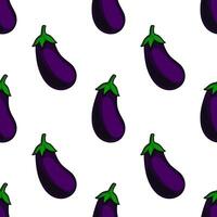 Seamless pattern of stylized eggplants with gradient shading and green leaves on a white background, ideal for kitchen decor or food packaging design. vector