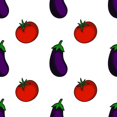 Seamless pattern of ripe red tomatoes and dark purple eggplants, creating a vibrant and contrasting food design perfect for kitchen textiles or packaging.