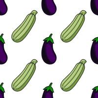 Seamless pattern of handdrawn zucchini and eggplants on white background, featuring a vibrant color palette and playful cartoon style. vector