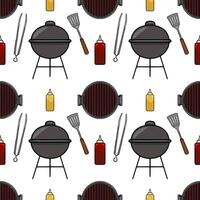 Seamless pattern of a charcoal grill, spatula, tongs, ketchup, and mustard bottles, perfect for BBQthemed designs. vector