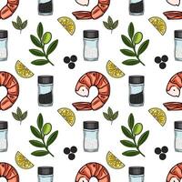 Seamless pattern of grilled shrimps, lemon slices, peppercorns, salt and olive branches on white background a vibrant illustration for culinary designs. vector