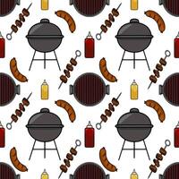 Seamless pattern of a summer BBQ party with charcoal grill, sausages, skewers, ketchup, and mustard, designed in a cartoon style. vector