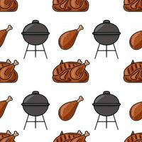 Seamless pattern featuring a cheerful BBQ illustration with roasted chicken, drumsticks, and a charcoal grill, perfect for summerthemed designs. vector