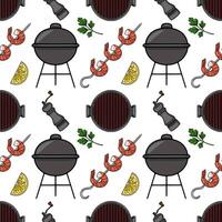 Seamless pattern of grilled shrimps, BBQ grill, lemon slices, parsley, and pepper grinder, perfect for summer food design. vector