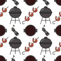 Seamless pattern of handdrawn barbeque elements charcoal grill, shrimp skewers, and pepper grinder vector
