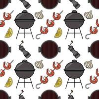 Seamless pattern of grilled shrimps, barbecue grill, garlic, lemon slices, and pepper mill, creating a vibrant summer BBQ illustration. vector