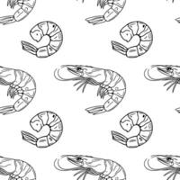 Seamless outline pattern with handdrawn black and white illustrations of shrimps in various positions, creating a stylish and detailed design perfect for culinary or seafoodthemed projects. vector