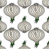 Seamless pattern of stylized onions with green sprouts, featuring a beige and white color scheme, perfect for culinary designs or kitchenthemed projects. vector