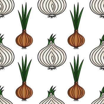 Seamless pattern of handdrawn onions with green sprouts, featuring both white and brown onion varieties in a repeating design, ideal for culinary or agricultural themes. vector