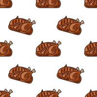 Seamless pattern of roasted chicken with grill marks, detailed illustration in brown and white, perfect for food packaging or restaurant menus. vector
