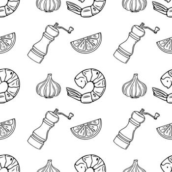 sin costura contorno modelo de dibujado a mano camarón, ajo, limón rebanadas, y pimienta muelas, creando un vibrante culinario textura. vector