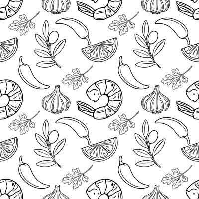 Seamless outline pattern of grilled shrimp, garlic, chili peppers, lemon slices, olives, and parsley sprigs, in a minimalist black and white line art style, perfect for culinary designs and foodrel