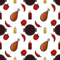 Seamless pattern featuring a playful arrangement of barbecue grill, chicken legs, red bell peppers, and chili peppers, complemented by ketchup and mustard bottles, creating a vibrant and app... vector
