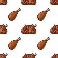 Seamless pattern of roasted chicken and drumsticks, featuring a handdrawn style with brown and beige tones, perfect for culinary designs or Thanksgiving themes. vector
