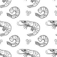 Seamless outline pattern of handdrawn shrimps and peppercorns, featuring detailed illustrations of whole and curled shrimps in a monochrome style, suitable for culinary or seafoodthemed designs. vector