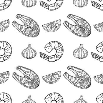 Seamless outline pattern of grilled shrimp, salmon steaks, garlic, and lemon slices in a handdrawn style, perfect for culinary designs. vector