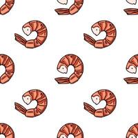 Seamless pattern of handdrawn orange shrimps on white background, perfect for food packaging or seafood restaurant menu design. vector