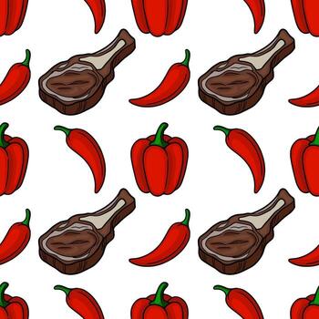 Seamless pattern with handdrawn illustrations of grilled steak, red bell peppers, and chili peppers, creating a vibrant and spicy culinary design. vector