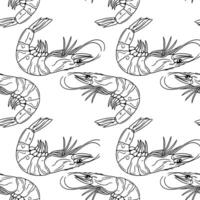Seamless outline pattern of detailed handdrawn shrimps, featuring intricate line art and a monochrome aesthetic, perfect for culinary or seafoodthemed designs. vector