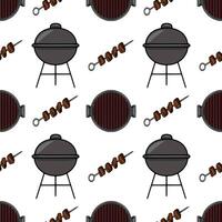 Seamless pattern featuring a cheerful illustration of charcoal grills, skewers with grilled meat, perfect for summer BBQ party design or food blog. vector
