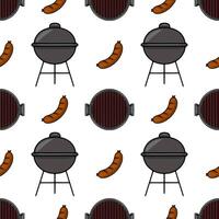 Seamless pattern of cartoonstyle charcoal grills and sausages, perfect for summer BBQthemed designs, featuring a playful and appetizing illustration. vector