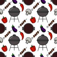 Seamless pattern of a summer BBQ grill with vegetables and meat skewers, perfect for food blogs, restaurant menus, or summerthemed designs. vector