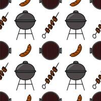 Seamless pattern featuring a cheerful BBQ illustration with charcoal grills, sausages, and skewers of meat, perfect for summerthemed designs. vector