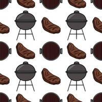 Seamless pattern of handdrawn grilled steaks and charcoal grills, featuring a unique cartoon style with dark brown steaks and gray metal grills against a white background, ideal for BBQthe... vector