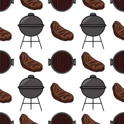 Seamless pattern of handdrawn grilled steaks and charcoal grills, featuring a unique cartoon style with dark brown steaks and gray metal grills against a white background, ideal for BBQthe...