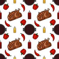 Seamless pattern of grilled chicken, red bell peppers, chili peppers, grill and sauces for BBQ design. vector