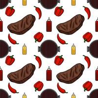 Seamless pattern of grilled steak, red bell peppers, chili peppers, grill and sauces on white background, perfect for BBQ menu design or summer food packaging. vector