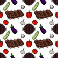 Seamless pattern featuring delicious grilled ribs, vibrant vegetables, and grill elements, creating a lively and appetizing design perfect for foodrelated projects. vector